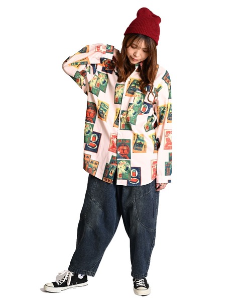 ブラウス シャツ 柄シャツ タバコ柄 総柄シャツ レトロ レディース メンズ セール】柄シャツ タバコ柄 総柄シャツ レトロ（シャツ/ブラウス