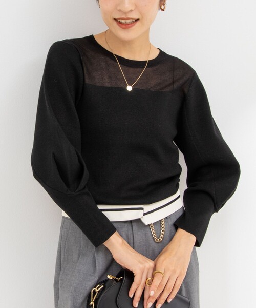 NOLLEY’S Sophi(ノーリーズソフィ)の「部分シアーパワショルプルオーバーニット(ニット/セーター・レディース・ホワイト/ベビーピンク/ブラック・38)」の2枚目の写真