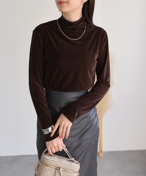 セール】ハイネックベロアトップス/長袖TOPS（Tシャツ/カットソー