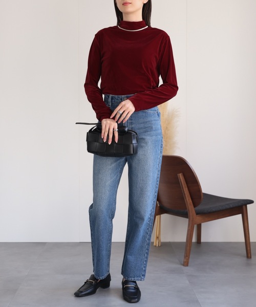 セール】ハイネックベロアトップス/長袖TOPS（Tシャツ/カットソー