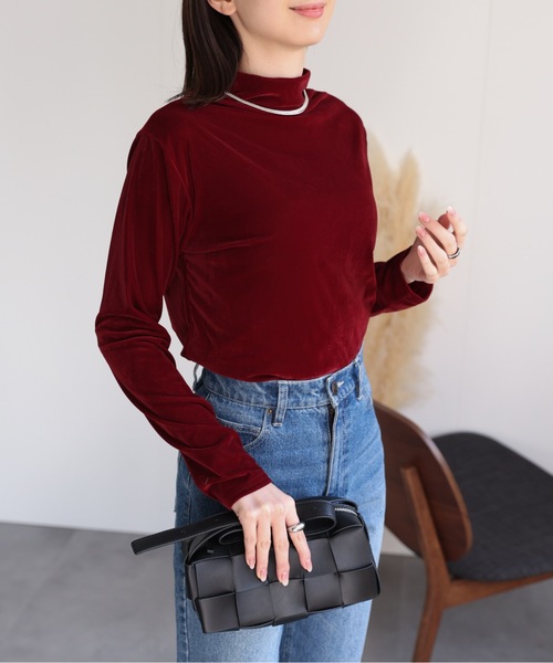 セール】ハイネックベロアトップス/長袖TOPS（Tシャツ/カットソー