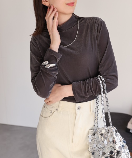 セール】ハイネックベロアトップス/長袖TOPS（Tシャツ/カットソー