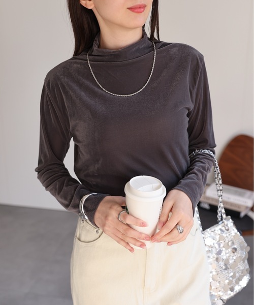 セール】ハイネックベロアトップス/長袖TOPS（Tシャツ/カットソー