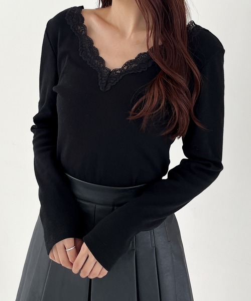 Heather(ヘザー)の「2WAYレースロングスリーブTEE 150146(Tシャツ/カットソー・レディース・ブラック/オフホワイト・FREE)」の2枚目の写真