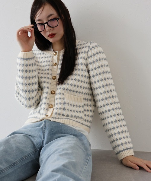 J by blue(ジェイバイブルー)の「ツイード風ジャガードニットジャケット(カーディガン/ボレロ・レディース・アイボリー/ブラック・MEDIUM)」の9枚目の写真