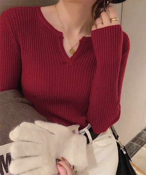 Miniministore(ミニミニストア)の「Vネック ニットトップス 長袖ニットソー(ニット/セーター・レディース・ベージュ/ダークグレー/オレンジ/ワインレッド/ホワイト/ブラック/アイボリー/ライトベージュ・FREE)」の7枚目の写真