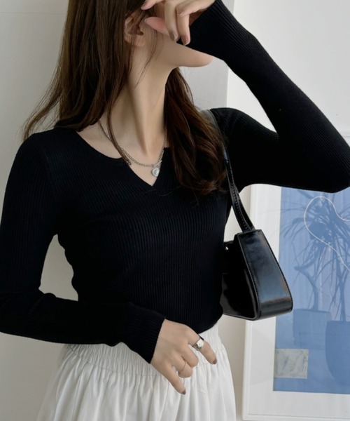 Miniministore(ミニミニストア)の「Vネック ニットトップス 長袖ニットソー(ニット/セーター・レディース・ベージュ/ダークグレー/オレンジ/ワインレッド/ホワイト/ブラック/アイボリー/ライトベージュ・FREE)」の9枚目の写真