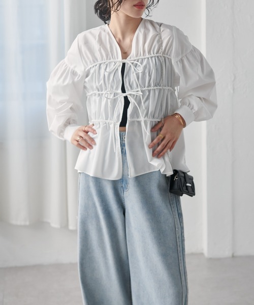夏柄リボン ❁357〜362 GATHER RIBBON BL ギャザー リボン ブラウス 半袖 夏服（シャツ