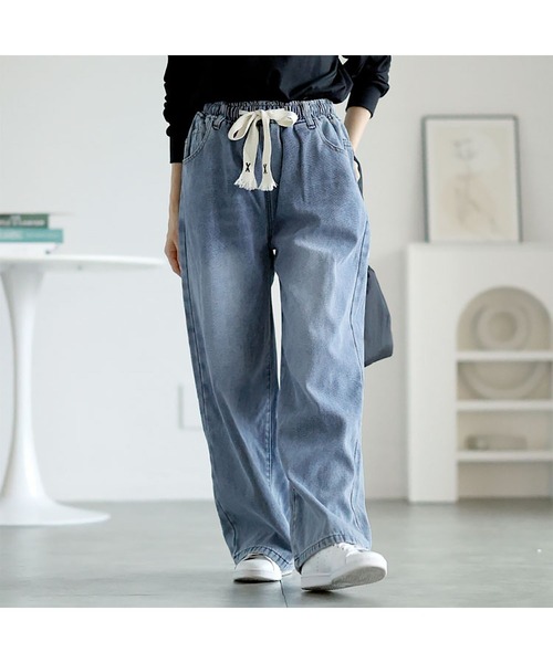 JEMUT正規品★22AW★Classy セミワイドデニムパンツ セール】ハイウエストDOUBLEベルトワイドデニムパンツ（デニム