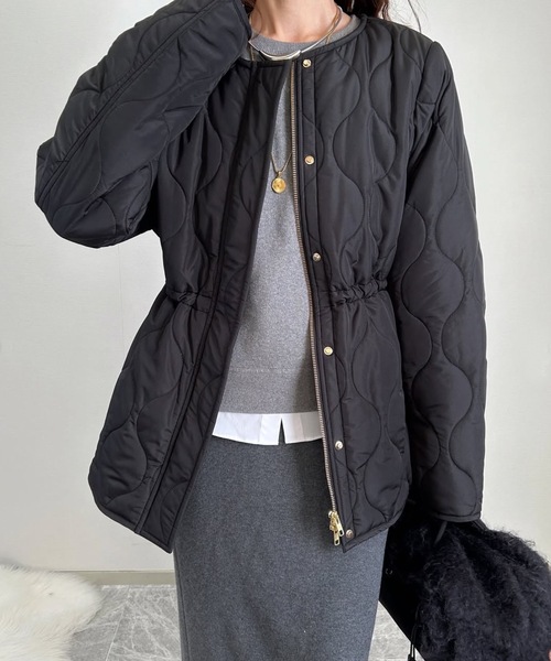 春アウター】キルティングノーカラーハーフコート（ノーカラーコート