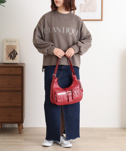 EGLANTINE(エグランティーヌ)の「EGLANTINE フロッキー加工ロゴカットソー 長袖ダンボールプルオーバー(Tシャツ/カットソー・レディース・杢グレー/ネイビー/サンドベージュ/カーキ・40)」の16枚目の写真