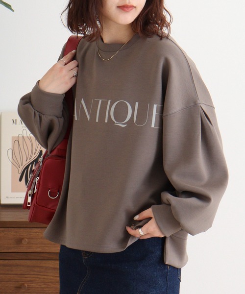 EGLANTINE(エグランティーヌ)の「EGLANTINE フロッキー加工ロゴカットソー 長袖ダンボールプルオーバー(Tシャツ/カットソー・レディース・杢グレー/ネイビー/サンドベージュ/カーキ・40)」の13枚目の写真