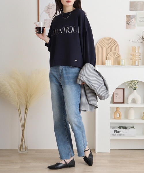 EGLANTINE(エグランティーヌ)の「EGLANTINE フロッキー加工ロゴカットソー 長袖ダンボールプルオーバー(Tシャツ/カットソー・レディース・杢グレー/ネイビー/サンドベージュ/カーキ・40)」の20枚目の写真