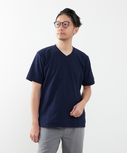 MEN'S MELROSE（メンズメルローズ）の「モザイクリンクスVネックハーフスリーブTシャツ（Tシャツ/カットソー・メンズ・チャコールグレー/ホワイト/ネイビー・4/2/3）」の2枚目の写真