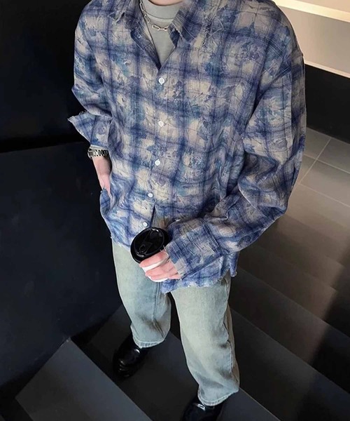 TopIsm（トップイズム）の「【2025】ビッグシルエット ブリーチブルーチェック柄長袖シャツ（シャツ/ブラウス・メンズ・ブルー・FREE）」の6枚目の写真