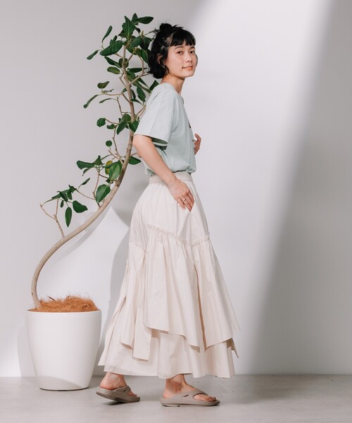 ヒメギフチヨウ90頭 フリルティアードスカート夏ミドル丈/ミディ丈スカート3color