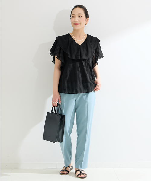 B.C STOCK(ベーセーストック)の「《追加》ウォッシャブル / モールストライプフリルブラウス(シャツ/ブラウス・レディース・ホワイト/ブラック・FREE)」の3枚目の写真
