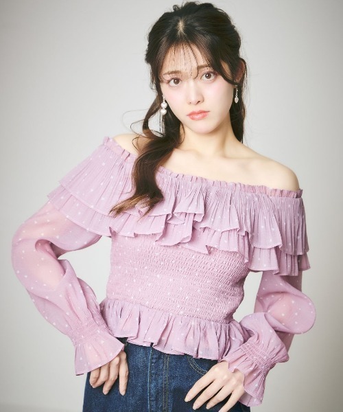 LANTINAM(ランティナム)の「Heart Pattern Off Shoulder Blouse-ハート柄ブラウス(シャツ/ブラウス・レディース・ピンク系その他/ホワイト系その他・FREE)」の6枚目の写真