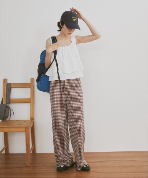 MERLOT（メルロー）の「【カットで長さ調節可能】【ウエストゴム】ギンガムチェックプリーツイージーパンツ（その他パンツ・レディース・ブラック/グリーン/ブルー/ブルー系その他/ブラウン・FREE）」の7枚目の写真