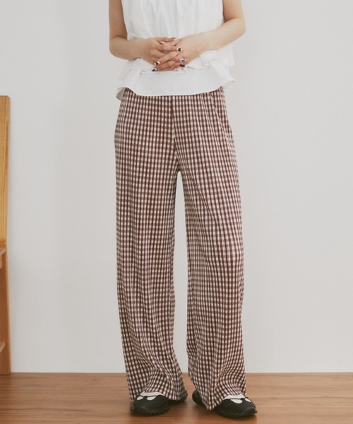 MERLOT（メルロー）の「【カットで長さ調節可能】【ウエストゴム】ギンガムチェックプリーツイージーパンツ（その他パンツ・レディース・ブラック/グリーン/ブルー/ブルー系その他/ブラウン・FREE）」の12枚目の写真