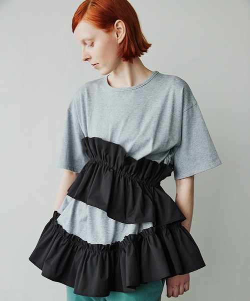 Tシャツ・カットソー RONRON FRILL SHIRRING SLEEVELESS OATMEAL RR25BSL4266OT セール】Asynmentry Ruffled T-shirt(Tシャツ/カットソー