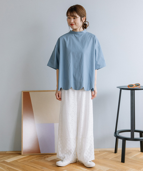 POU DOU DOU（プードゥドゥ）の「2way裾スカラップブラウス（シャツ/ブラウス・レディース・オフホワイト/ブルー/ブラック/スミクロ/ネイビー/ブルー系その他2/ライトブルー/ブラック系その他/ホワイト・M/3）」の21枚目の写真