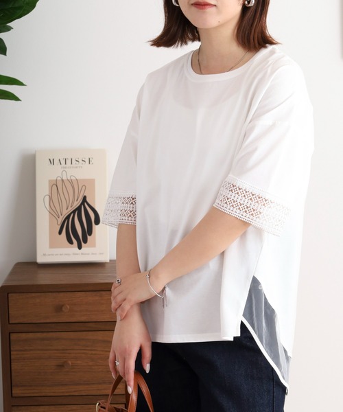 アンナニコラ Anna Nicola 袖レース切り替え5分袖カットソー【日本製】 （オフホワイト） アンナニコラ Anna Nicola 袖レース切り替え5分袖カットソー