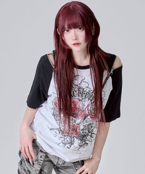 REFLEM/レフレム』薔薇プリントラグランTシャツ/ハーフスリーブ