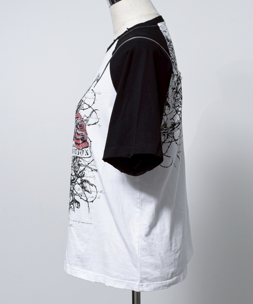 tシャツ 「REFLEM/レフレム」薔薇プリントラグランTシャツ/ハーフスリーブカットソー レディース メンズ REFLEM tシャツ 「REFLEM/レフレム」薔薇プリントラグランT
