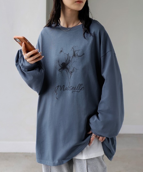 HUG.U(ハグユー)の「フラワープリントロンT(Tシャツ/カットソー・レディース・オレンジ/ホワイト/ライトグレー/セージグリーン/グレイッシュブルー・FREE)」の5枚目の写真