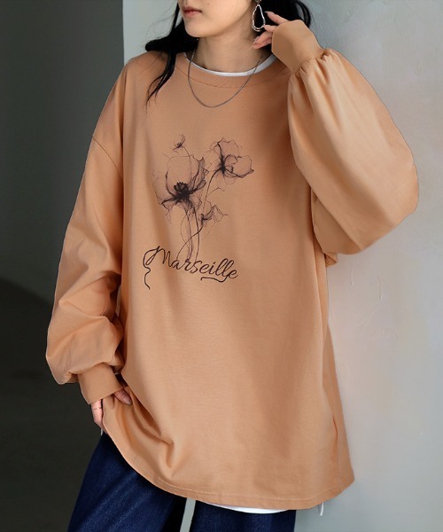 HUG.U(ハグユー)の「フラワープリントロンT(Tシャツ/カットソー・レディース・オレンジ/ホワイト/ライトグレー/セージグリーン/グレイッシュブルー・FREE)」の1枚目の写真