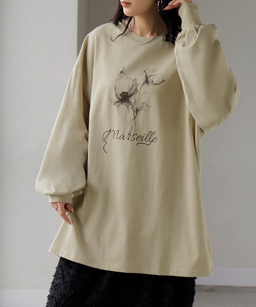 HUG.U(ハグユー)の「フラワープリントロンT(Tシャツ/カットソー・レディース・オレンジ/ホワイト/ライトグレー/セージグリーン/グレイッシュブルー・FREE)」の4枚目の写真