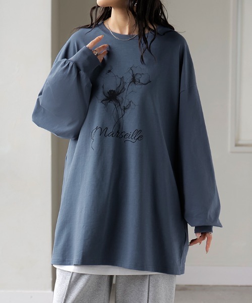 HUG.U(ハグユー)の「フラワープリントロンT(Tシャツ/カットソー・レディース・オレンジ/ホワイト/ライトグレー/セージグリーン/グレイッシュブルー・FREE)」の22枚目の写真
