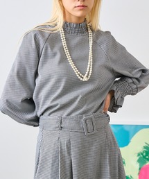 ブラウス シャツ 千鳥柄バルーンスリーブトップス+フレアスカート セットアップ レディース ROOP TOKYO ブラウス シャツ 千鳥柄バルーンスリーブトップス+