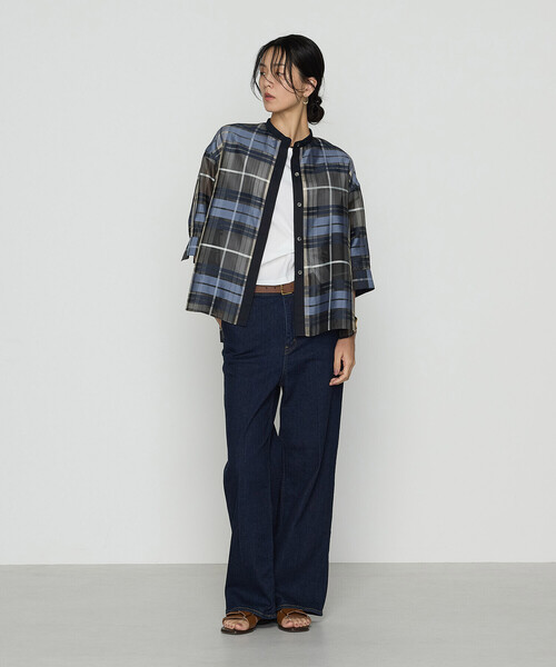 美品 群言堂 登美 リネンブラウス ビックシルエット チェック柄 スキッパー