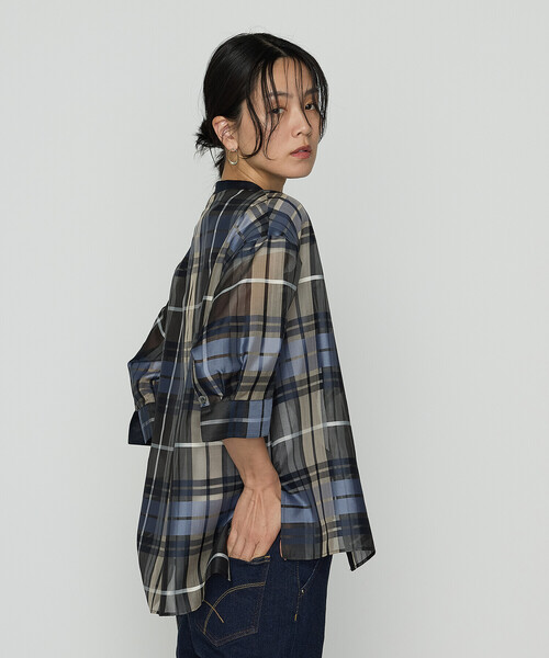 BISHOOL 羽織　ビックシルエット　フラワーシャツ　フリーサイズ セール】シルクドビーチェックビックシルエット シャツ羽織