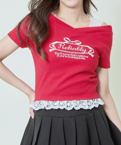GORGE(ゴージ)の「《肩開き×レースヘム》レディース リブTシャツ リボンロゴ入り ガーリー カジュアル 春夏秋(Tシャツ/カットソー・レディース・オフホワイト/レッド/チャコール・F)」の3枚目の写真