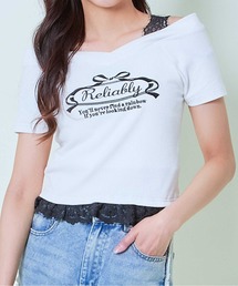 《肩開き×レースヘム》レディース リブTシャツ リボンロゴ入り ガーリー カジュアル 春夏秋