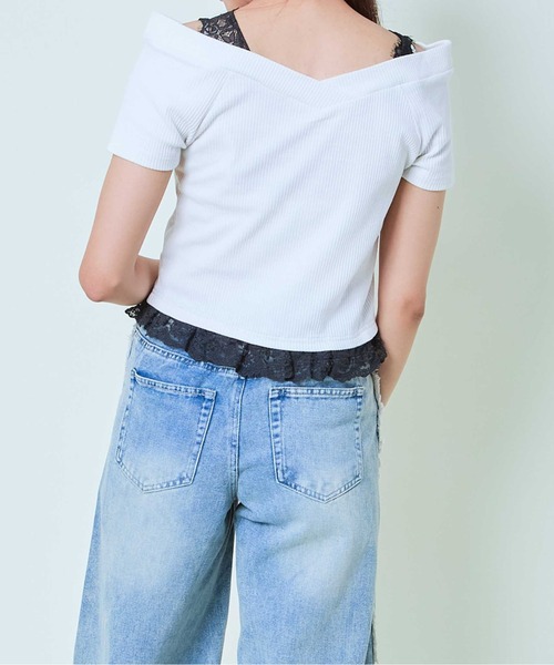 GORGE(ゴージ)の「《肩開き×レースヘム》レディース リブTシャツ リボンロゴ入り ガーリー カジュアル 春夏秋(Tシャツ/カットソー・レディース・オフホワイト/レッド/チャコール・F)」の6枚目の写真