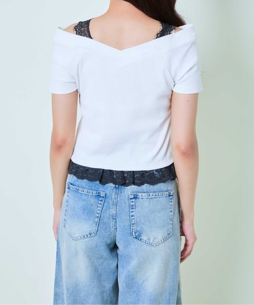 GORGE(ゴージ)の「《肩開き×レースヘム》レディース リブTシャツ リボンロゴ入り ガーリー カジュアル 春夏秋(Tシャツ/カットソー・レディース・オフホワイト/レッド/チャコール・F)」の9枚目の写真