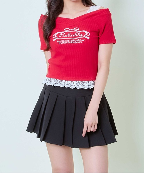 GORGE(ゴージ)の「《肩開き×レースヘム》レディース リブTシャツ リボンロゴ入り ガーリー カジュアル 春夏秋(Tシャツ/カットソー・レディース・オフホワイト/レッド/チャコール・F)」の13枚目の写真