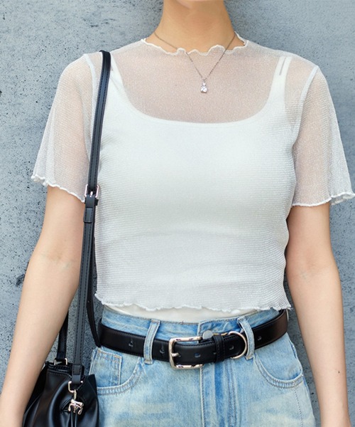 STYLEBLOCK(スタイルブロック)の「ショート丈メロウ加工ラメシアーTシャツ(Tシャツ/カットソー・レディース・アイボリー/ブラック/ライトグレー・FREE)」の1枚目の写真