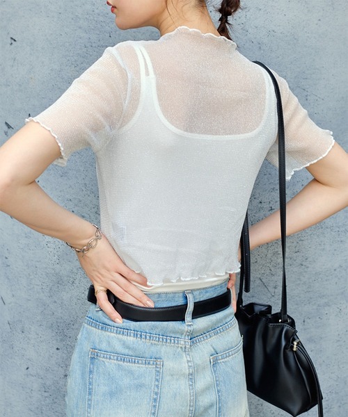 STYLEBLOCK(スタイルブロック)の「ショート丈メロウ加工ラメシアーTシャツ(Tシャツ/カットソー・レディース・アイボリー/ブラック/ライトグレー・FREE)」の9枚目の写真