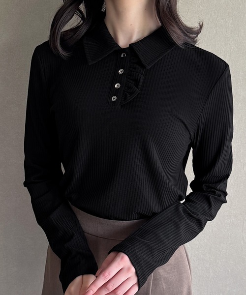 junoah(ジュノア)の「リブカットフリルポロ(Tシャツ/カットソー・レディース・ブラック/ネイビー/ライトグレー・LARGE/MEDIUM/SMALL)」の6枚目の写真