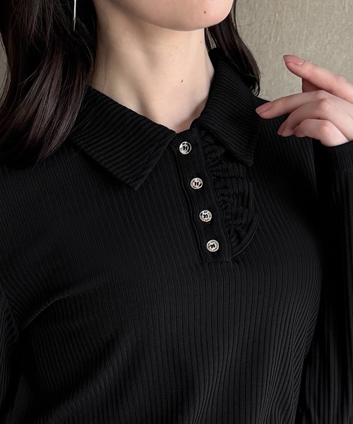junoah(ジュノア)の「リブカットフリルポロ(Tシャツ/カットソー・レディース・ブラック/ネイビー/ライトグレー・LARGE/MEDIUM/SMALL)」の7枚目の写真