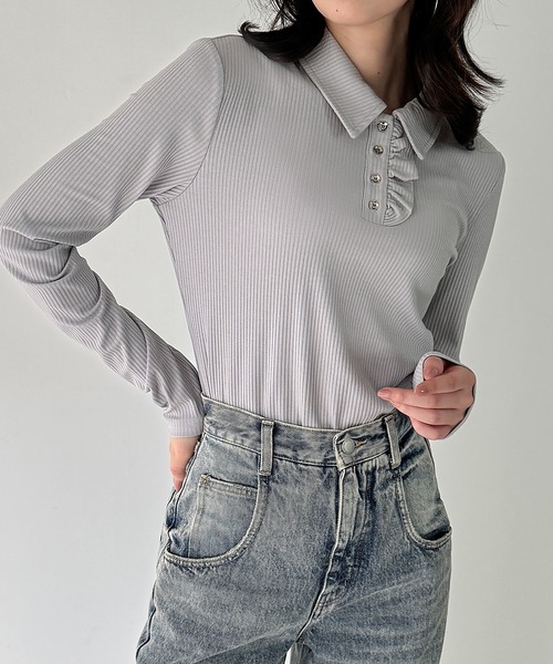 junoah(ジュノア)の「リブカットフリルポロ(Tシャツ/カットソー・レディース・ブラック/ネイビー/ライトグレー・LARGE/MEDIUM/SMALL)」の8枚目の写真