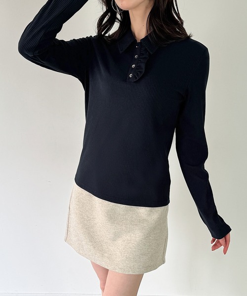 junoah(ジュノア)の「リブカットフリルポロ(Tシャツ/カットソー・レディース・ブラック/ネイビー/ライトグレー・LARGE/MEDIUM/SMALL)」の13枚目の写真