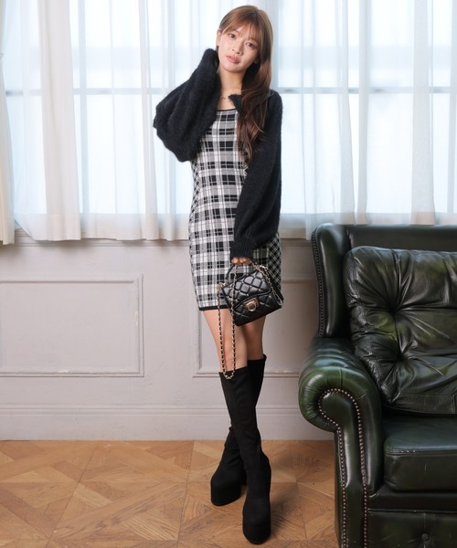 【形が選べる】フェザーチェックアンサンブルワンピース （ブラウン） リップサービス LIP SERVICE 【形が選べる】フェザーチェック