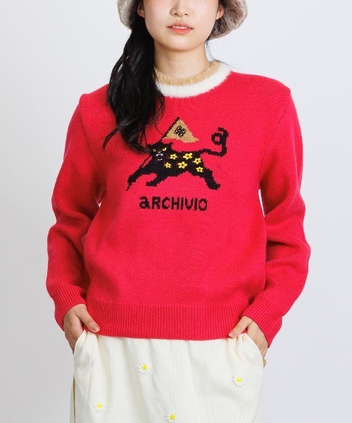 archivio アルチビオ セーター　トップス　新品未使用 超美品】アルチビオ セーター 白×レッド ラインストーンロゴ ニット