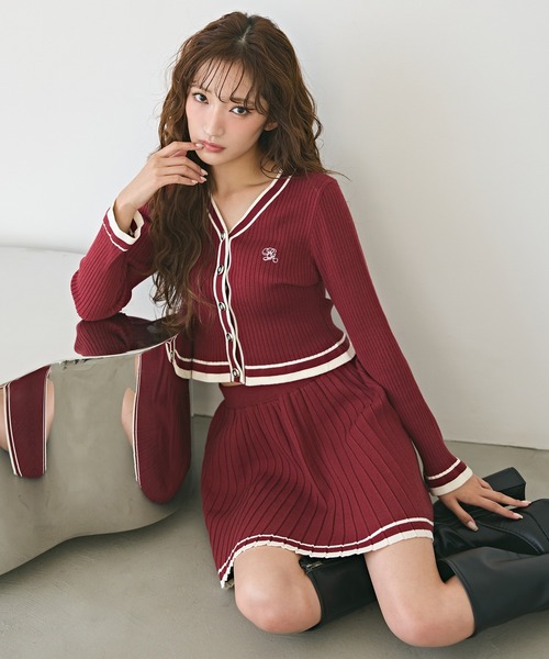 ラインスキームニットカーディガン×スカートセットアップ